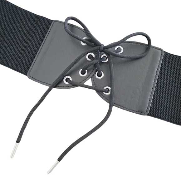 Wide Black lace up corset Boho stretch waist faux leather elastic dress belt - Picture 7 of 13